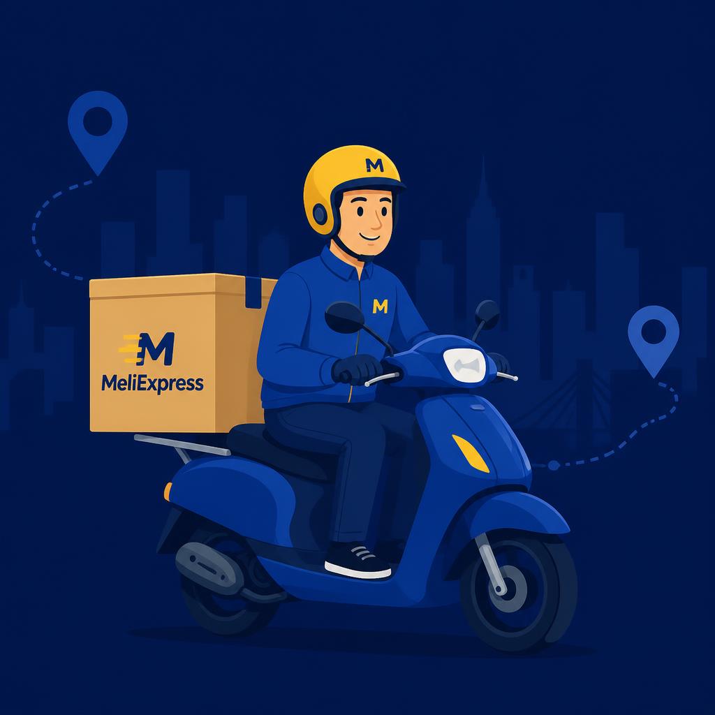 Entregador da MeliExpress em uma scooter com uma encomenda